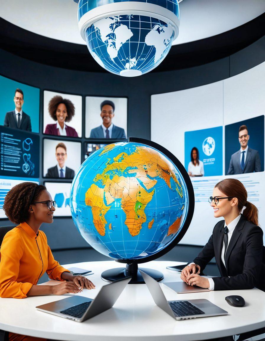 A diverse group of enthusiastic professionals on a virtual video call, each at their unique, stylish workspaces—some with bookshelves, others with modern décor and digital gadgets—interacting with online educational content on their screens. The backdrop shows a digitally integrated globe and various educational icons like diplomas, graduation caps, and career growth graphs radiating upward, symbolizing opportunity and advancement in careers. super-realistic. vibrant colors. futuristic elements. white background.