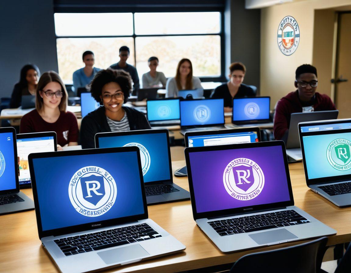A diverse group of students engaging in online classes through laptops and tablets, with a backdrop of Rochville University’s emblem subtly integrated into a virtual landscape that represents both traditional and digital learning environments. The scene should show bright light emanating from computer screens symbolizing knowledge and growth. super-realistic. vibrant colors. modern style.