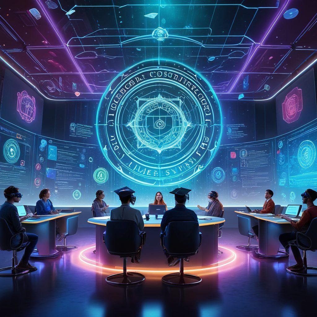 A futuristic digital classroom with students attending from different corners of the world using holograms and VR headsets, a diploma with the Rochville University seal floating above, symbolizing accredited degrees. The background should include floating data icons and global connection lines. cyberpunk. vibrant colors. 3D.